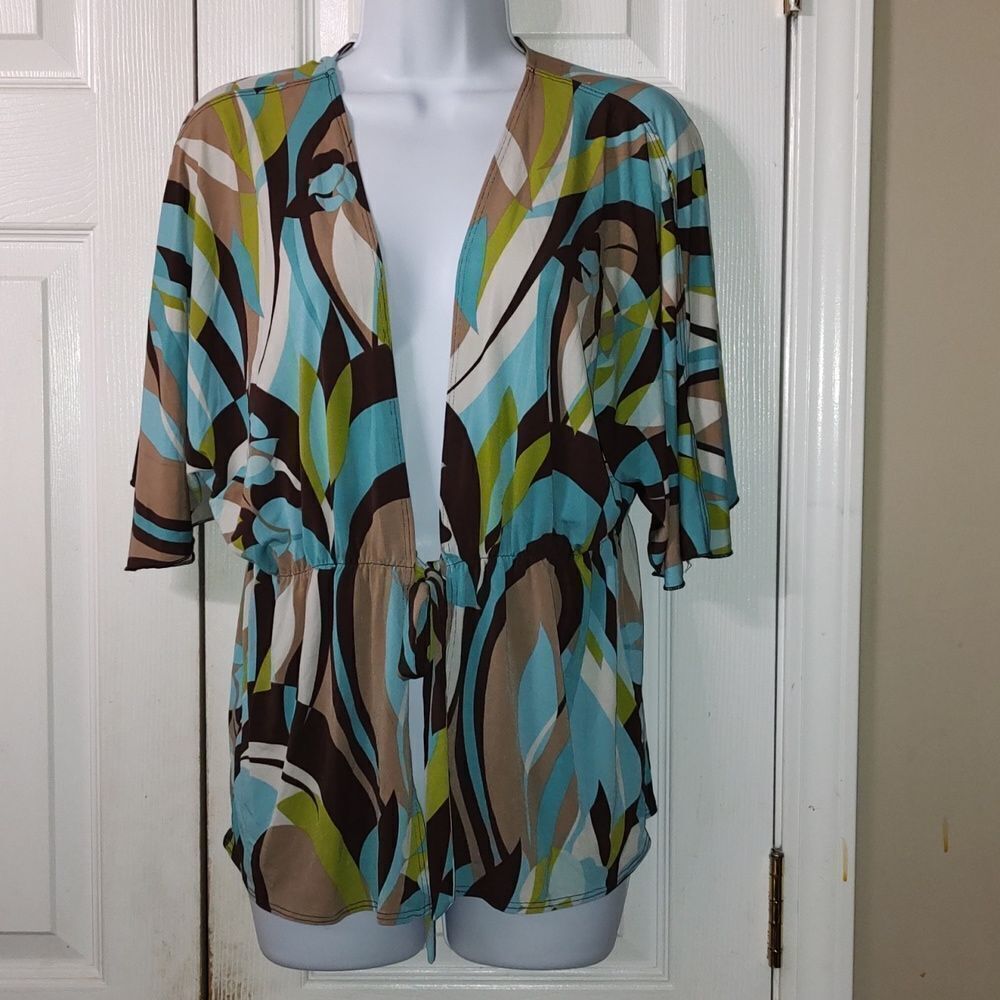 Lily tie waist  top  jacket turquoise white brown tan lime green  Sz S EUC